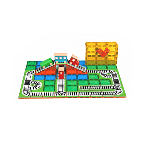 3D render of a Tile Tek train track layout over green and blue magnetic tiles