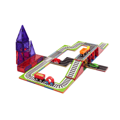 Wooden rail toppers with a toy train and cars crossing a Tile Tek level crossing