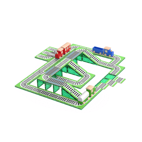 Tile Tek train track topper layout with wagons on a looping rail circuit