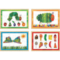 An image of the U.Games Eric Carle VHC 4 in 1 Wood Puzzle Box by University Games showcases four colorful jigsaw puzzles with illustrations from the beloved children's storybook "The Very Hungry Caterpillar." Top left: caterpillar eating apples. Top right: caterpillar with fruit. Bottom left: butterfly and sun. Bottom right: caterpillar surrounded by food items.