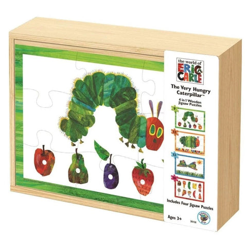 The U.Games Eric Carle VHC 4 in 1 Wood Puzzle Box by University Games features a wooden jigsaw puzzle set with artwork from the children's storybook "The Very Hungry Caterpillar" by Eric Carle. The main image on one of the puzzles showcases the iconic green caterpillar with fruit. The box contains detailed information about four different puzzles, making it suitable for ages 3 and up.