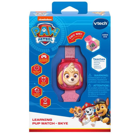 The VTech PAW Patrol Sky Learning Watch comes in vibrant packaging featuring Skye and promotes interactive learning and problem-solving games. This reddish-pink smartwatch, displaying Skye's face, is suitable for children aged 3-6 and helps teach math skills, memory, and more.