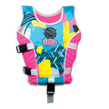 The Wahu Swim Vest Child Medium (25-30kg) in Pink/Yellow features a vibrant abstract design in blue, yellow, pink, and white. It is equipped with three black buckles and showcases an illustration of a hand making the "shaka" sign, along with the brand name "Wahu" printed on it. This buoyancy aid is ideal among swim vests for kids.