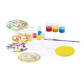 The 4M Spin Art Fun Creations kit by 4M includes an assorted paint set with vibrant colors, a purple paintbrush, circular paper cards, a yellow spinning platform, and comprehensive instructions. Additionally, the kit features completed examples of spin art showcasing colorful, swirling designs.