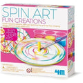 The 4M Spin Art Fun Creations kit by 4M features a dynamic spinning device that produces elaborate swirl designs with paint. This paint set includes a spinning apparatus, several paint colors, and a paintbrush. The packaging has warning labels and is recommended for children aged 5 and older.
