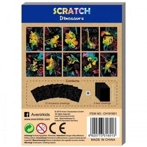 A product labeled "Avenir Mini Scratch Book - Dinosaurs" features colorful dinosaur scratch art perfect for kids' entertainment. The package showcases 10 vibrant dinosaur drawings and includes the text "AVENIRKids" along with barcodes. The item number is CH191601, and it is made in China by AVENIR.