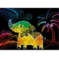 The Avenir Mini Scratch Book - Forest Animals by AVENIR features a whimsical, tropical scene with a colorful illustration of an elephant having a green head and yellow body, set against a black background. The artwork includes rainbow-colored palm trees, a spiral sun in the sky, and vibrant foliage, all resembling the brightly colored scratch art that can keep little ones entertained.