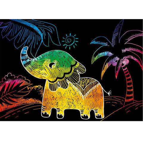 The Avenir Mini Scratch Book - Forest Animals by AVENIR features a whimsical, tropical scene with a colorful illustration of an elephant having a green head and yellow body, set against a black background. The artwork includes rainbow-colored palm trees, a spiral sun in the sky, and vibrant foliage, all resembling the brightly colored scratch art that can keep little ones entertained.