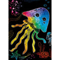 Illustration from the Avenir Mini Scratch Book - Under the Sea by AVENIR showcases a vibrant, stylized jellyfish with a rainbow gradient floating against a black background, reminiscent of scratch art. The image includes additional abstract marine elements such as a smaller jellyfish, seaweed, a starfish, and various colorful swirls and patterns, making it perfect for children’s decor.