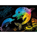The Avenir Mini Scratch Book - Under the Sea by AVENIR features a colorful illustration in the style of scratch art of two dolphins swimming against a black background. The dolphins are adorned with bright, rainbow-hued patterns and are surrounded by abstract, vibrant underwater elements, including seaweed, a starfish, and a shell. Perfect for children!