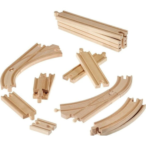The Brio World Expansion Pack Intermediate by Brio is a collection of polished light brown wooden toy train track pieces, including straight, curved, and intersection segments. These tracks are designed to fit together seamlessly to create a custom wooden railway system and are compatible with BRIO World sets.