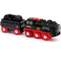 The Brio World Steaming Train is a small black and red toy train featuring a steam engine labeled "BRIO" and "H20." It includes a battery-powered engine with a black tanker car attached, equipped with red wheels. The sleek design fits perfectly on wooden train tracks, making it an excellent addition to any BRIO World set.
