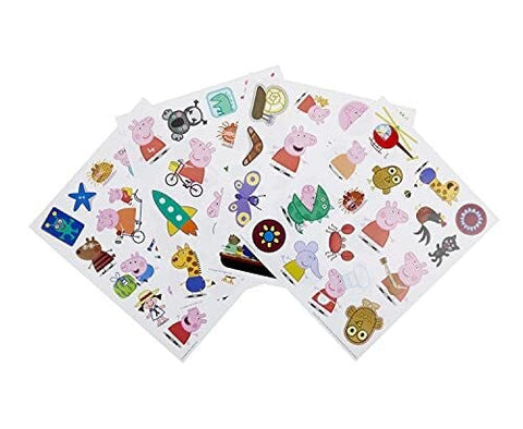 Four vibrant sheets of Peppa Pig-themed stickers from the Crayola Colour & Sticker Peppa Pig set are displayed. These stickers showcase various characters, objects, and activities from the beloved Peppa Pig series, including Peppa Pig herself, a rocket, a bicycle, a camping tent, and an assortment of animals and toys—an ideal match for your Crayola Colour & Sticker Book.
