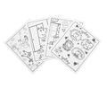The Crayola Colour & Sticker Peppa Pig book features a variety of cartoon characters, including Peppa Pig, in various scenes. The pages depict characters in frames, near doorways, and surrounded by elements like flowers and stars. These black-and-white drawings are ready to be colored.