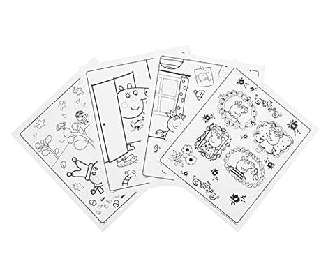 The Crayola Colour & Sticker Peppa Pig book features a variety of cartoon characters, including Peppa Pig, in various scenes. The pages depict characters in frames, near doorways, and surrounded by elements like flowers and stars. These black-and-white drawings are ready to be colored.