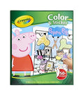The image displays the front cover of the Crayola Colour & Sticker Peppa Pig book from Crayola. The cover features Peppa Pig and her family painting on easels, and the book contains 32 coloring pages along with over 50 stickers.