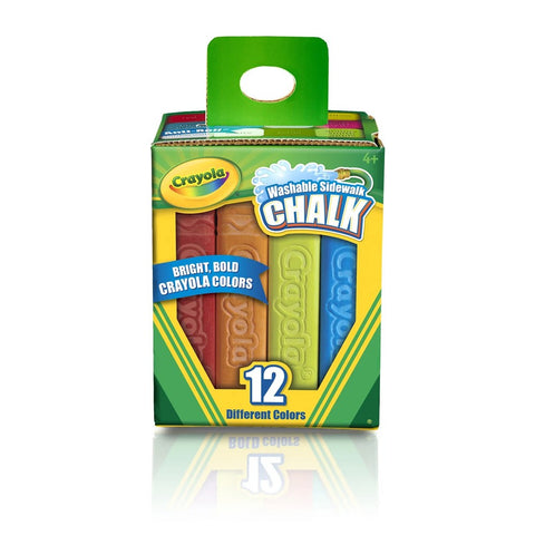 A box of Crayola Sidewalk Chalk from the trusted brand Crayola contains 12 vibrant colors. The packaging is green and yellow and features a convenient handle on top, with three pieces of red, yellow, and blue chalk visible through a clear front window—perfect for inspiring outdoor art.