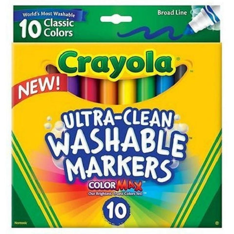 Image of a Crayola Ultra Clean Washable Markers 10PK. The pack, branded by Crayola, contains 10 classic broad line markers in vibrant colors. The predominantly yellow packaging features elements of green and rainbow hues, with text highlighting "new," "world's most washable," and "ColorMax.