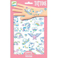 Djeco Tattoos - Unicorns by DJECO come in pink packaging and showcase vibrant illustrations of unicorns, rainbows, stars, clouds, and hearts. The whimsical designs offer safe fun for children with a "Tested" label to confirm they are dermatologically tested.