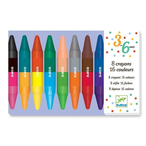 Packaging of Djeco Twin Crayons with 8 double-sided crayons displayed in a colorful array, showing 16 different colors. 