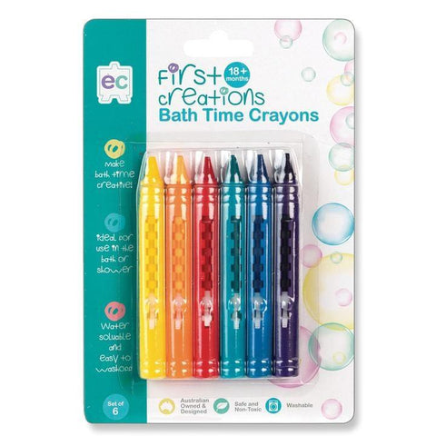 Introducing the Early Creations EC First Creations Bath Time Crayons - 6 pack, a set of six non-toxic, washable crayons perfect for kids aged 18 months and older. The packaging features crayons in vibrant red, orange, yellow, green, blue, and purple colors with a delightful bubble-themed design that makes bathtub drawing extra fun.