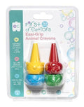 A package of "EC First Creations Easi-Grip Animal Crayons - Set of 4" from Early Creations features four brightly colored, finger puppet crayons designed for little hands. The animal-shaped crayons, in yellow, red, blue, and green, promote fine motor skills. The non-toxic set is suitable for ages 18+ months.