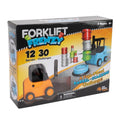 The box for "Fat Brain Toys Forklift Frenzy" by Fat Brain Toys features an orange forklift on the left and a blue forklift stacking colorful barrels on the right. The text highlights “12 Barrels,” “30 Challenges,” and "Frantic Forklifting," designed for “2 Players” aged “8+,” making it perfect for honing fine motor skills.