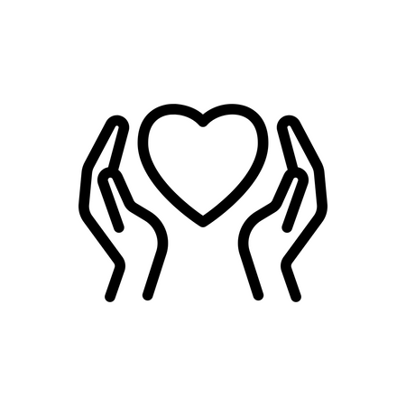 A minimalist black and white icon, featured as part of GoGenerosity's Pay-it-forward initiative by GoGenerosity, depicts two hands with palms open and facing upwards surrounding a heart shape in the center. The design symbolizes care, protection, and support for the community.
