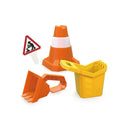 Image of the HAPE Construction Sand Toy Set by HAPE, featuring four ideal items for crafting a sand masterpiece: an orange and white traffic cone, a small triangular road sign with a construction worker symbol, an orange excavator scoop, and a yellow excavator bucket.