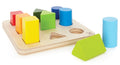 The Hape Color and Shape Sorter by Hape is a wooden shape-sorting toy that comes with brightly colored geometric blocks, including cylinders, prisms, cubes, and a triangular prism. Perfect for color and shape identification as well as sorting and counting practice, the blocks fit into corresponding slots on the wooden board.