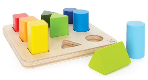 The Hape Color and Shape Sorter by Hape is a wooden shape-sorting toy that comes with brightly colored geometric blocks, including cylinders, prisms, cubes, and a triangular prism. Perfect for color and shape identification as well as sorting and counting practice, the blocks fit into corresponding slots on the wooden board.