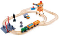 The Hape Crossing & Crane Set by Hape includes a toy train set with a magnetic crane and rail tracks, complete with track accessories for added fun.