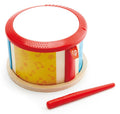 The Hape Double-Sided Hand Drum by Hape features a vibrant red rim and a white drumhead. Its sides are adorned with music notes on yellow, red, and blue panels. Accompanying the drum is a charming red drumstick decorated with a heart emblem, set against a white background, ready for you to unleash your creativity in rhythm-making.