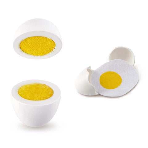 The Hape Egg Carton by Hape is a cleaning sponge set styled to resemble hard-boiled eggs. This set features a white container mimicking an eggshell with a yellow sponge inside and a separate piece that looks like a halved boiled egg, complete with a yellow sponge center, making it ideal for adding realistic play to your kitchen routine.