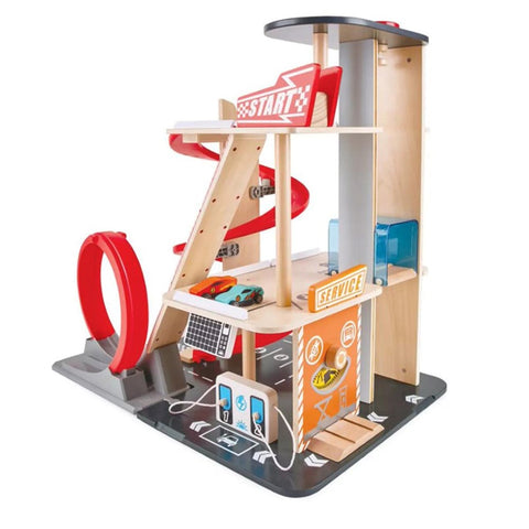 Hape Gearhead Stunt Garage with spiral ramp, loop track, service station and toy cars