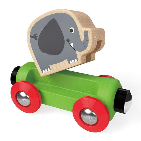 The Hape Jungle Journey Train by HAPE includes a wooden toy elephant with a gray body and a smiling face, attached to a green base with red wheels. This delightful component of the rail set brings joy to playtime with its simple design.