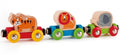 The Hape Jungle Journey Train by HAPE is a wooden toy set featuring three connected cars, each with vibrant animal friends: a tiger on a yellow and red car, a lion on a blue and green car, and an elephant on a light green and red car. Linked by small metal connectors, this rail set sparks imaginative play.