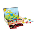 The Hape Magnetic Art Box by Hape is a wooden picture box filled with a variety of colorful geometric magnetic shapes designed to inspire creativity and imaginative picture-making. The open box reveals an assortment of magnetic shapes and several animal-themed cards. The lid of the box doubles as a magnetic board, currently showcasing an image of a vibrant dog.