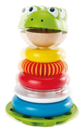 The HAPE Mr. Frog Stacking Rings by HAPE is a vibrant learning toy featuring a green frog head on top, followed by multiple stacking rings in various colors and textures, including yellow, orange, red, white, and blue. This delightful children's toy sits on a base with a green and white bottom.