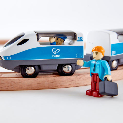 Hape Passenger Train Set engine and carriage with passenger and rail worker figures