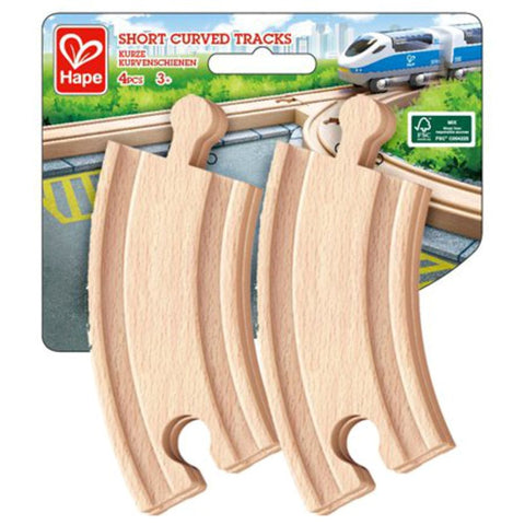 Hape Short Curved Tracks 4-piece wooden train track set in its packaging