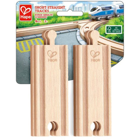 Hape Short Straight Tracks 4-piece wooden train track set in its packaging