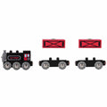 The image features the Hape Steam-Era Freight Train by Hape, showcasing a black locomotive engine, two black flatbed cars, and two red crate-like cargo pieces. Emulating steam-era freight trains, the locomotive and cars each have four silver wheels, with the cargo pieces designed to fit perfectly on the flatbeds.