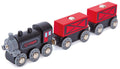 Introducing the Hape Steam-Era Freight Train: A wooden train set that includes a black steam-era freight engine and two red cargo cars. The engine, emblazoned with the "Hape" brand name, couples seamlessly with the cargo cars decorated in black and red crate designs. This classic toy rolls effortlessly on round silver wheels.