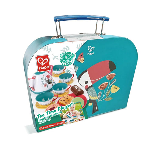 Featuring a teal-colored, toucan-themed design, the Hape Tea Time Playset by HAPE is perfect for kids' pretend play. The package's front showcases an illustrated toucan, and it includes a convenient blue handle for carrying. The label reads "Hape Tea Time Playset, 12 Pieces," highlighting cups and teapots designed to aid in the development of social skills.