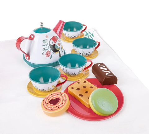 The Hape Tea Time Playset by HAPE is arranged on a surface, showcasing its bright and colorful design. The set includes a beautifully decorated teapot adorned with floral and bird motifs, along with four teal and red teacups featuring matching saucers. Additionally, it comes with a red plate filled with delightful toy desserts such as a donut, cookie, and other treats. This playset is perfect for pretend play and helps in developing social skills in children.