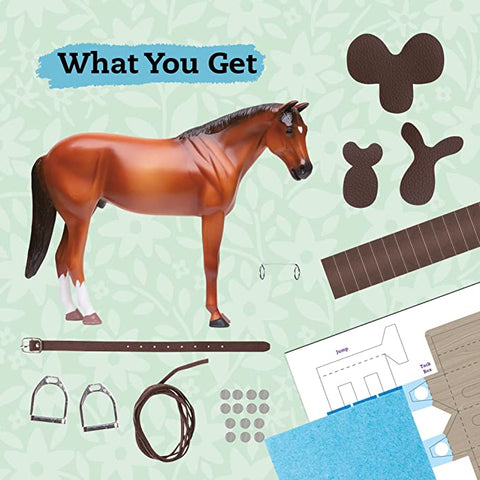 Image of the Klutz Wild About Horses kit featuring a detailed toy horse and various accessories, including stirrups, a strap, reins, and cut-out pieces for crafting. The background showcases a light green pattern with the text "What You Get" at the top. Diagrams and a measuring tape are also visible in this comprehensive model horse set from KLUTZ, perfect for horse care enthusiasts.