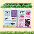 An open book from the "Klutz Wild About Horses" by KLUTZ rests on a wooden table, with text above stating "INCLUDES 36-page book of instructions and horse facts!" The pages are filled with illustrations of horses, riding instructions, and tips for getting outfitted. Perfect for horse care enthusiasts, the background showcases a lush green grassy field.