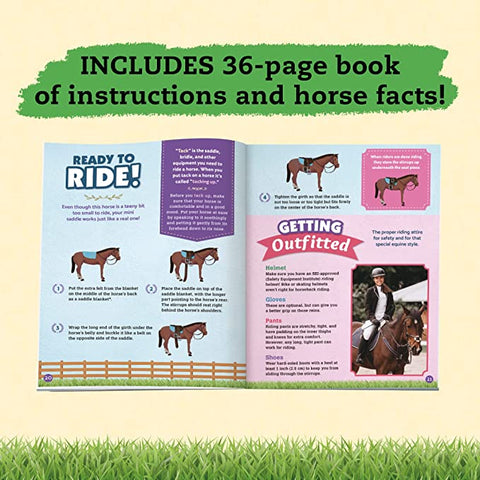 An open book from the "Klutz Wild About Horses" by KLUTZ rests on a wooden table, with text above stating "INCLUDES 36-page book of instructions and horse facts!" The pages are filled with illustrations of horses, riding instructions, and tips for getting outfitted. Perfect for horse care enthusiasts, the background showcases a lush green grassy field.