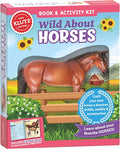 The image depicts the "Klutz Wild About Horses" boxed set by KLUTZ, which is categorized as a book and activity kit. This model horse kit comes with a plastic figure, craft supplies to create accessories such as a blanket and bridle, and an instructional 36-page book on horse care.